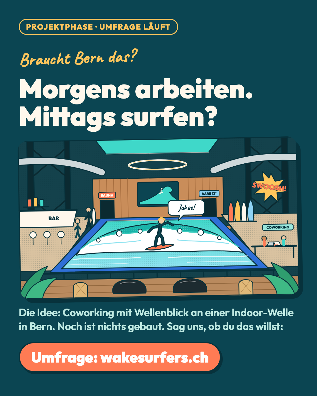 LinkedIn-Bild hochkant: Braucht Bern das? Morgens arbeiten. Mittags surfen? Projektphase, Umfrage läuft